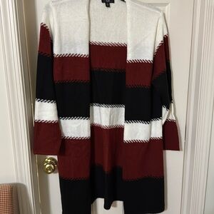 Long sleeve long cardigan sweater red black and white